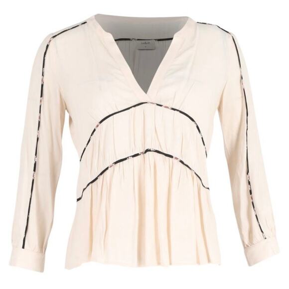 ba&sh Faro Cream Piped Trim V-Neck 3/4 Bell Sleeve Peplum Viscose Top Medium - Picture 3 of 14